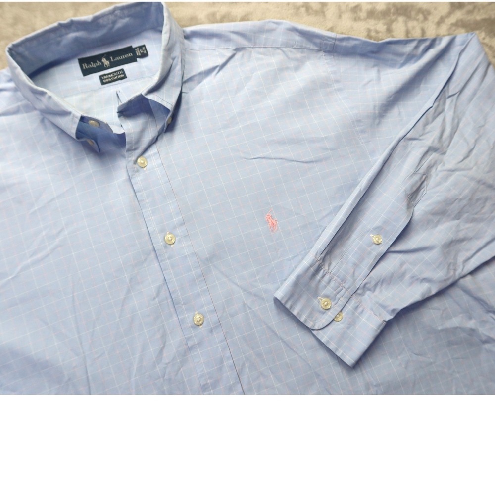 Ralph Lauren Yarmouth Men's 17 34/35 Blue Pink Windowpane Check‎ Cotton Shirt